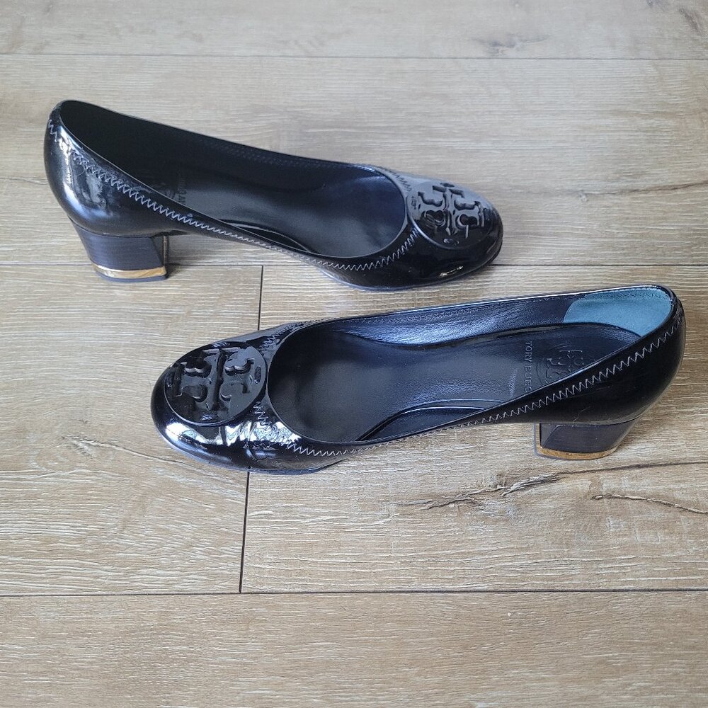 Tory Burch Black Patent Logo Cap-Toe Pumps
